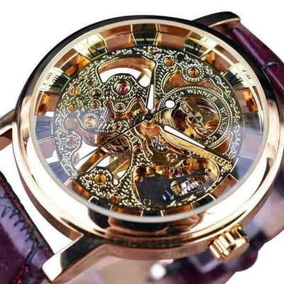 Steampunk Wrist Watch Leather Skeleton - Gold - Wrist Watch