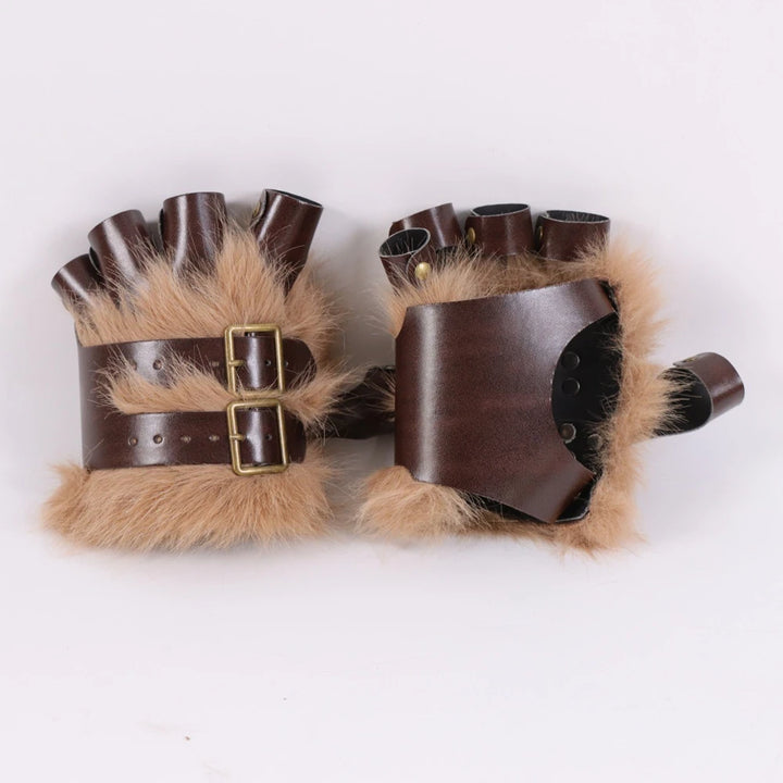 Adjustable Fingerless Steampunk Gloves with Faux Fur Brown