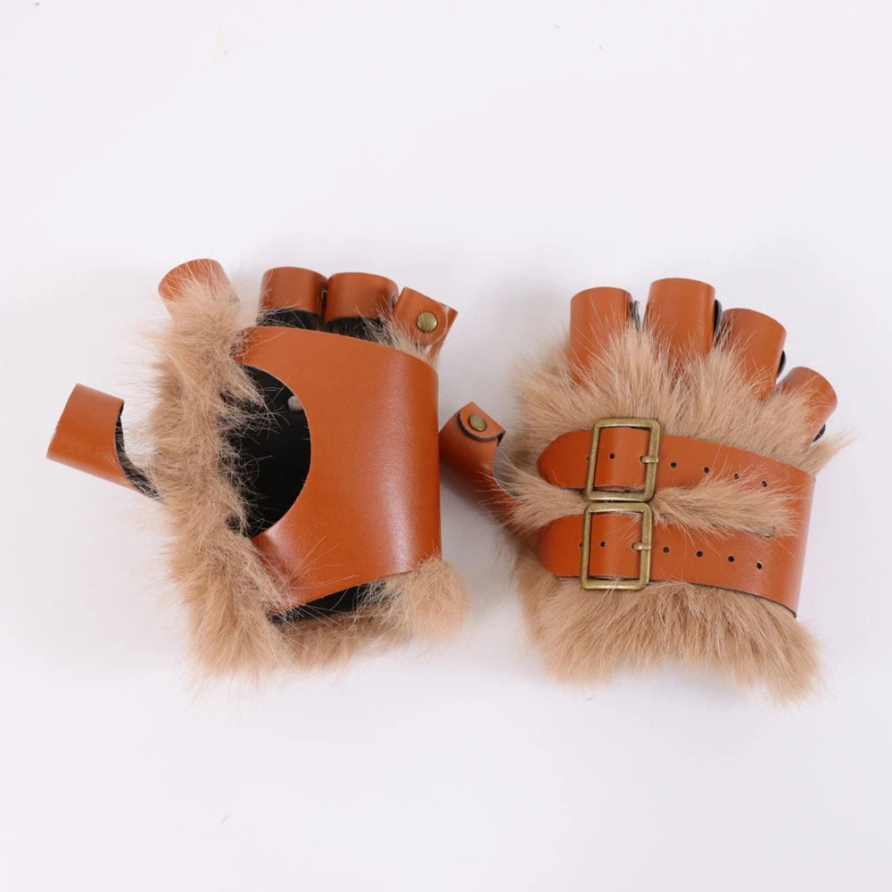 Adjustable Fingerless Steampunk Gloves with Faux Fur Orange