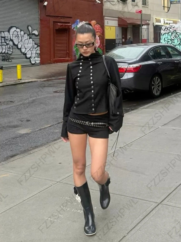 Asymmetrical Double-Breasted Steampunk Shirt Black