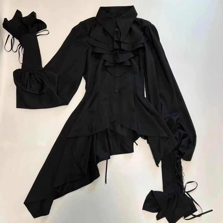 Asymmetrical Ruffled Steampunk Shirt Black
