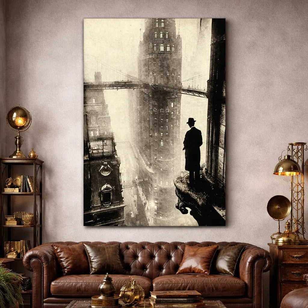 Black-and-White Steampunk Building Wall Art Style