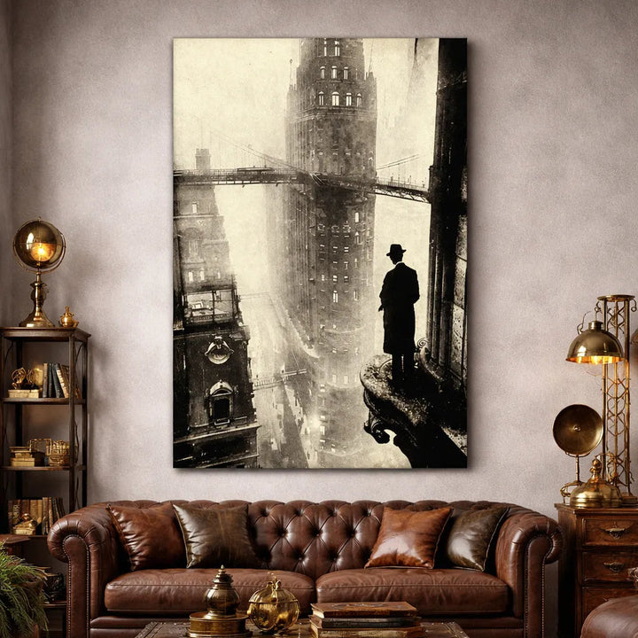 Black-and-White Steampunk Building Wall Art Style