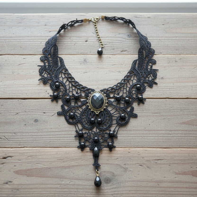 Black Lace Steampunk Necklace With Pearls