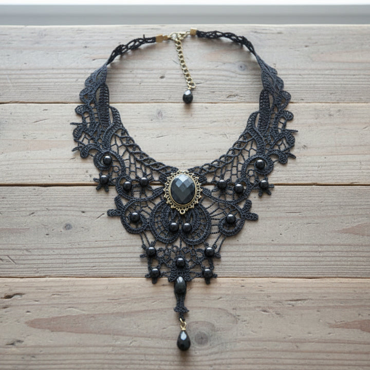 Black Lace Steampunk Necklace With Pearls