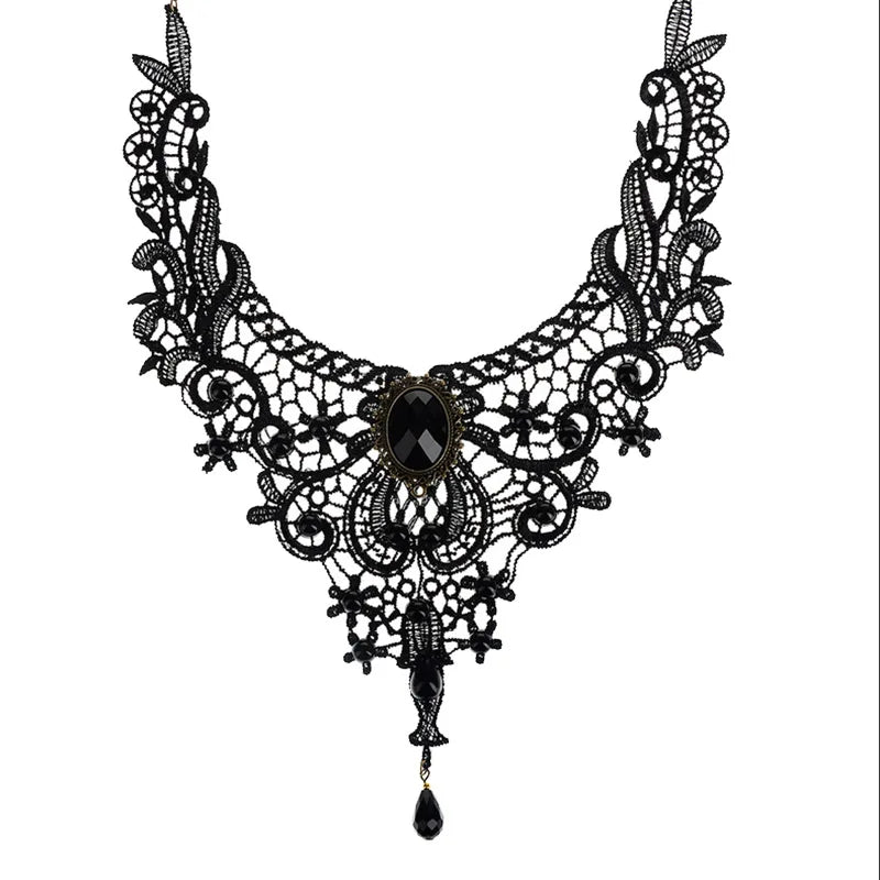 Black Lace Steampunk Necklace With Pearls chic
