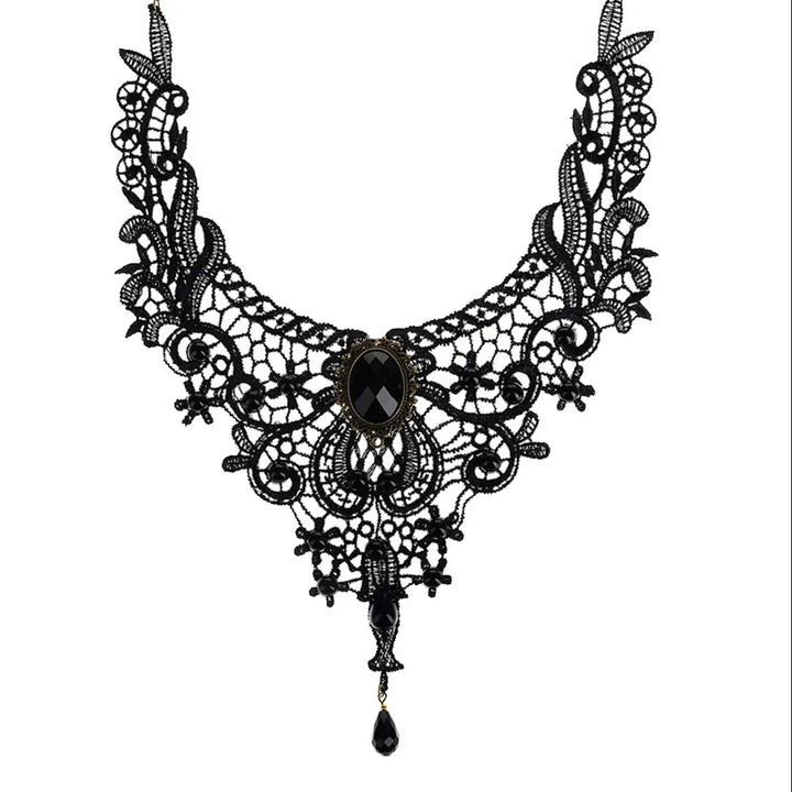 Black Lace Steampunk Necklace With Pearls chic