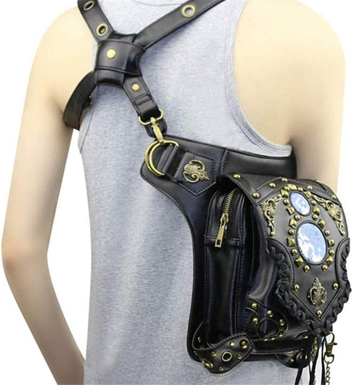 Black Steampunk Bag With Gold Rivets leather
