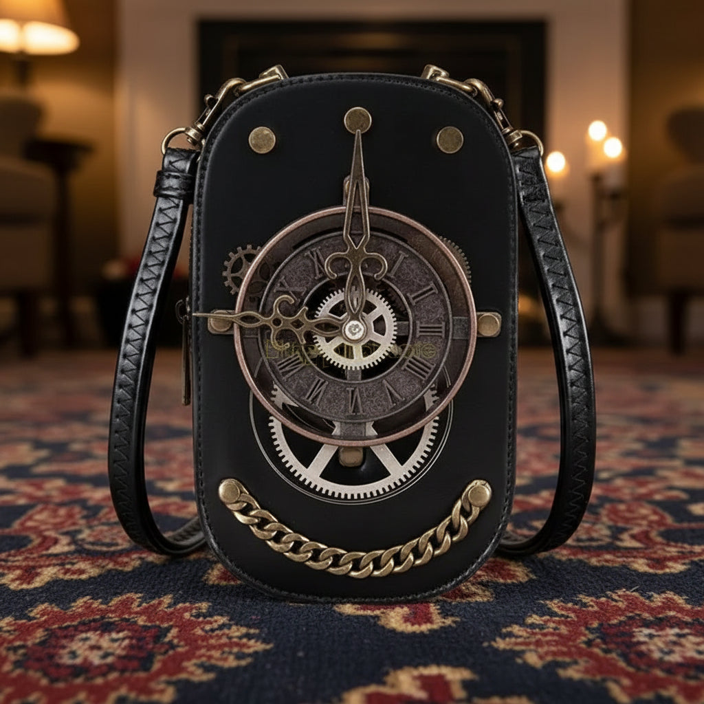 Black Steampunk Crossbody Bag With A Watch