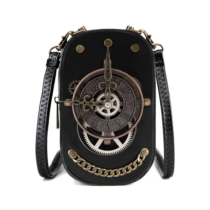 Black Steampunk Crossbody Bag With A Watch durable