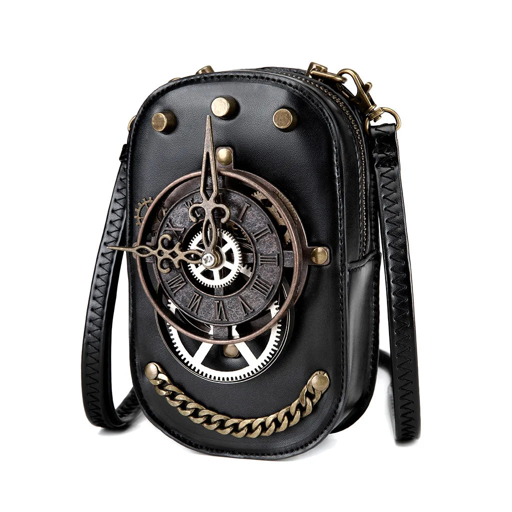 Black Steampunk Crossbody Bag With A Watch stylish