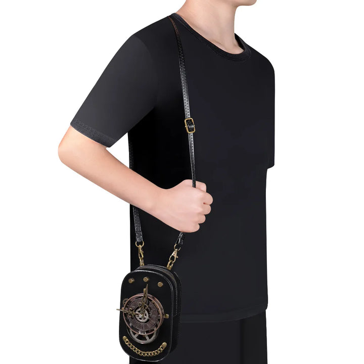 Black Steampunk Crossbody Bag With A Watch tendance