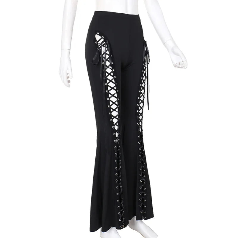 Black Steampunk Flare Lace-Up Pants Black