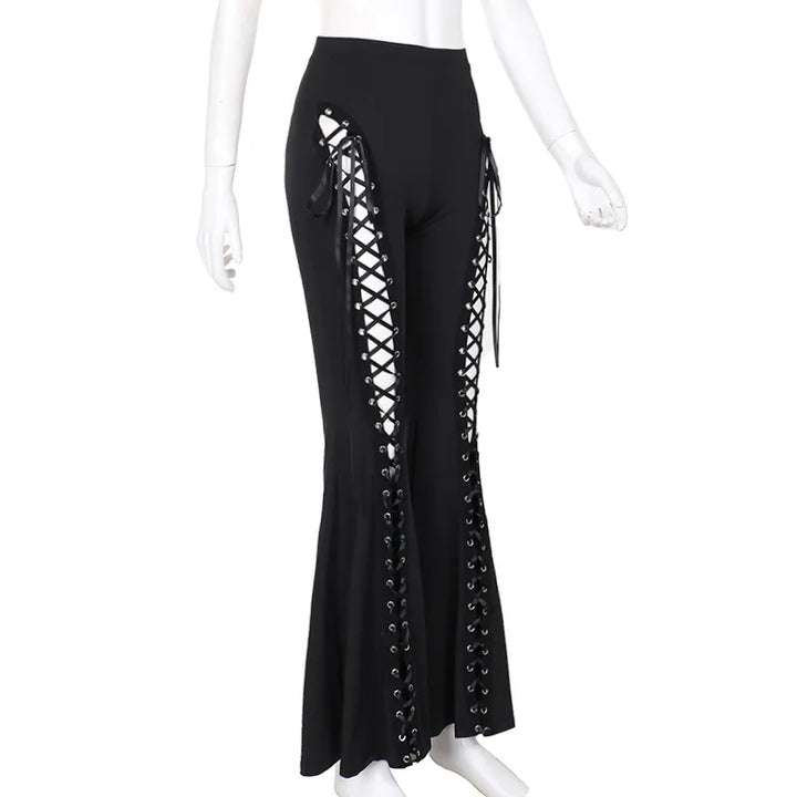 Black Steampunk Flare Lace-Up Pants Black