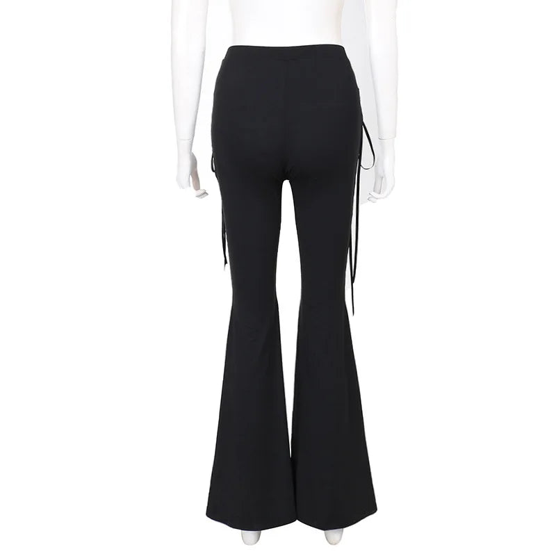 Black Steampunk Flare Lace-Up Pants Black Back
