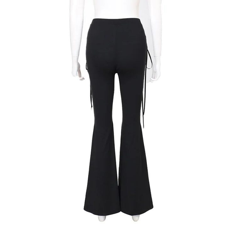 Black Steampunk Flare Lace-Up Pants Black Back