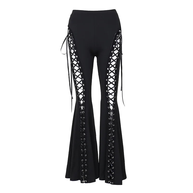 Black Steampunk Flare Lace-Up Pants Stylish