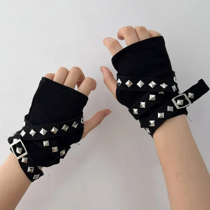 Black Steampunk Gloves with Rivets Design