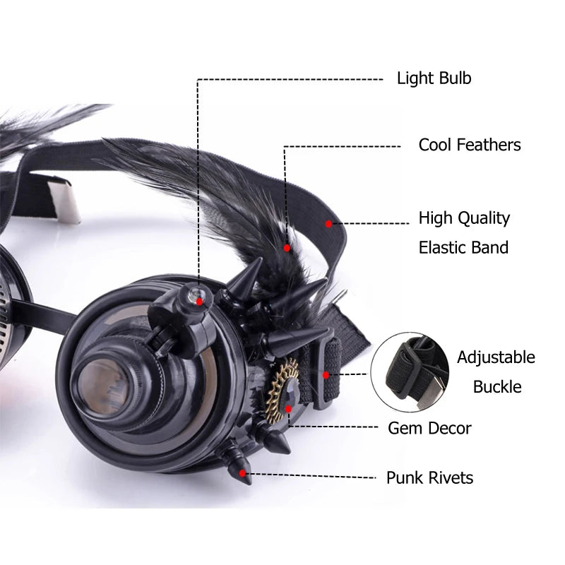 Black Steampunk Goggles with Feathers Stylish