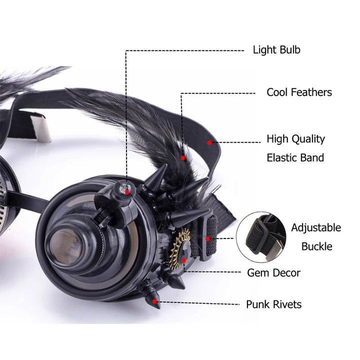 Black Steampunk Goggles with Feathers Stylish
