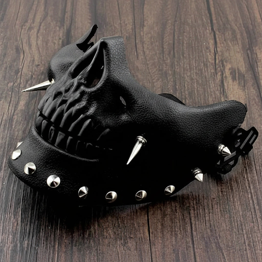 Black Steampunk Half-face Skull Mask With Spikes
