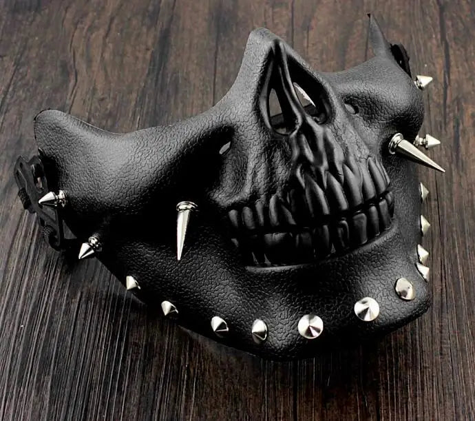 Black Steampunk Half-face Skull Mask With Spikes chic