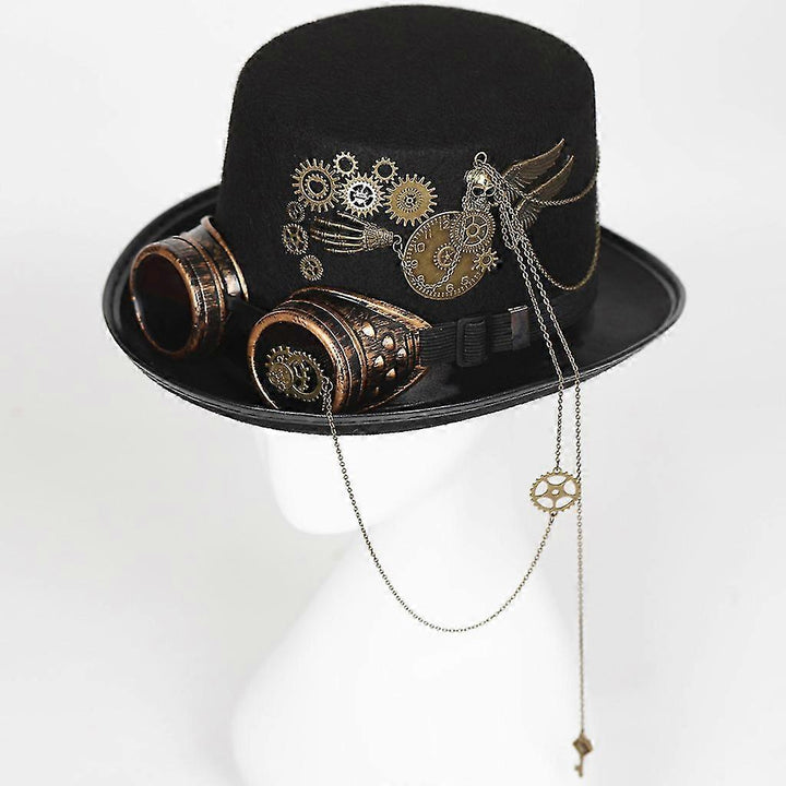 Black Steampunk Hat With Chain-Link Goggles