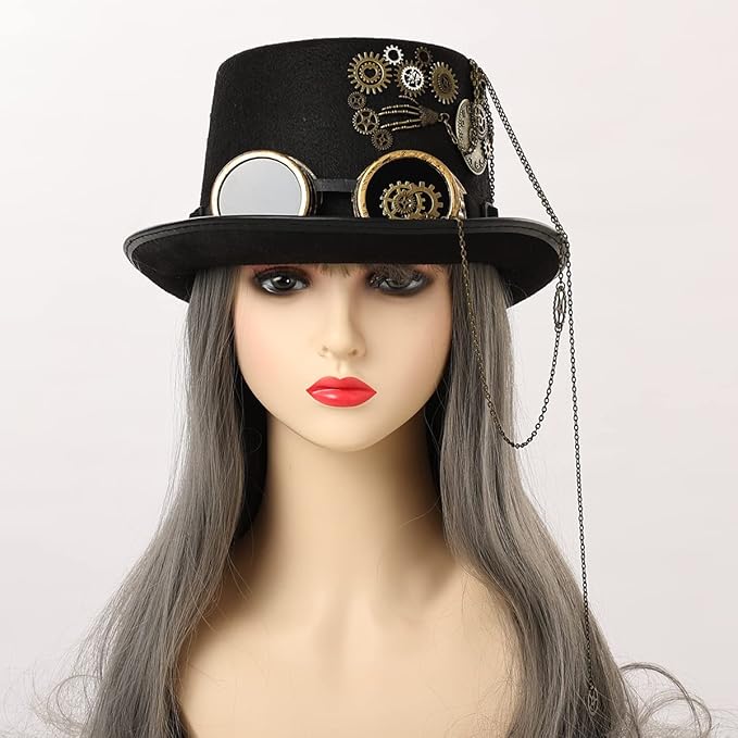 Black Steampunk Hat With Chain-Link Goggles chic