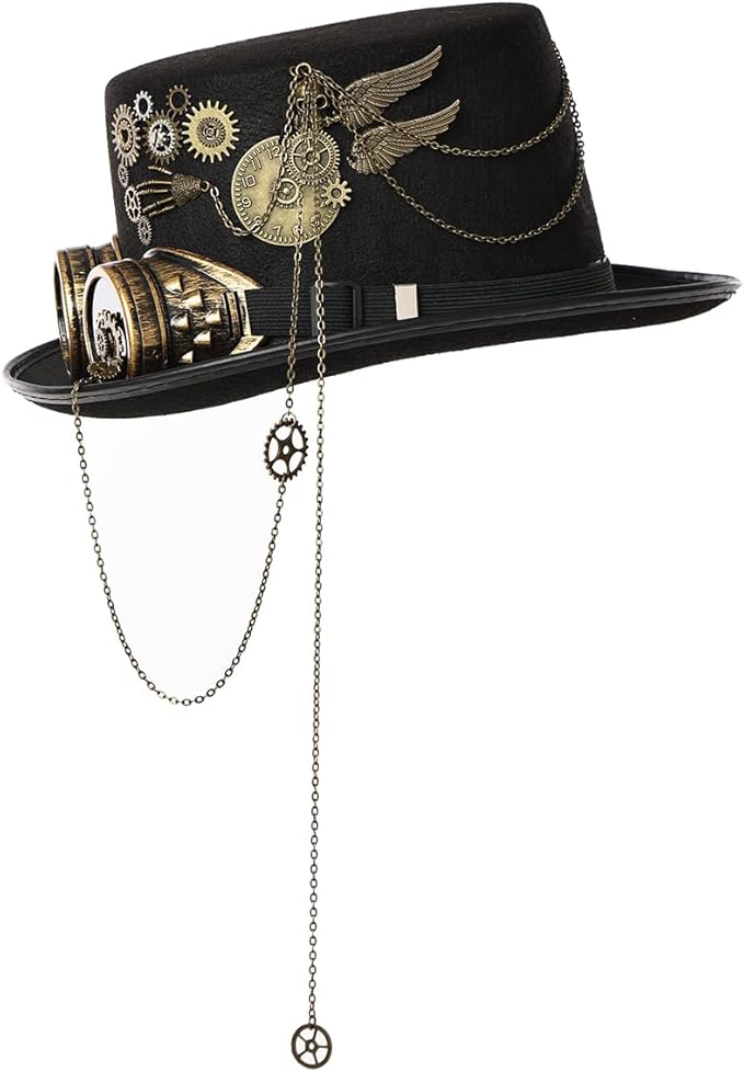 Black Steampunk Hat With Chain-Link Goggles elegant