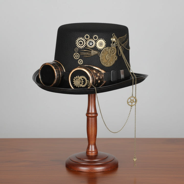 Black Steampunk Hat With Chain-Link Goggles stylish