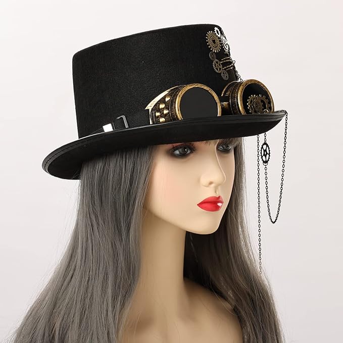 Black Steampunk Hat With Chain-Link Goggles tendance
