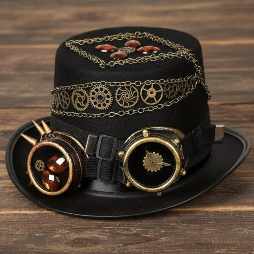Black Steampunk Hat With Chains and Goggles