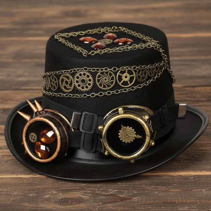 Black Steampunk Hat With Chains and Goggles