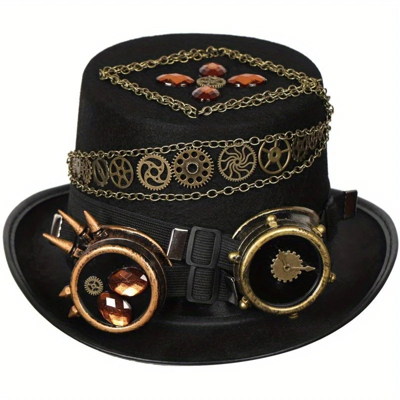 Black Steampunk Hat With Chains and Goggles fashionable