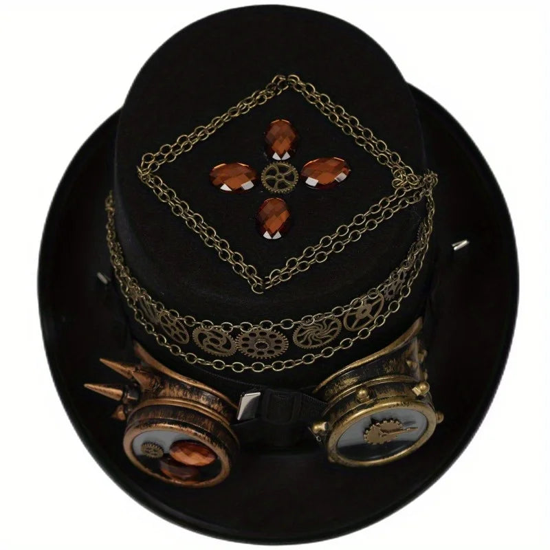 Black Steampunk Hat With Chains and Goggles vintage