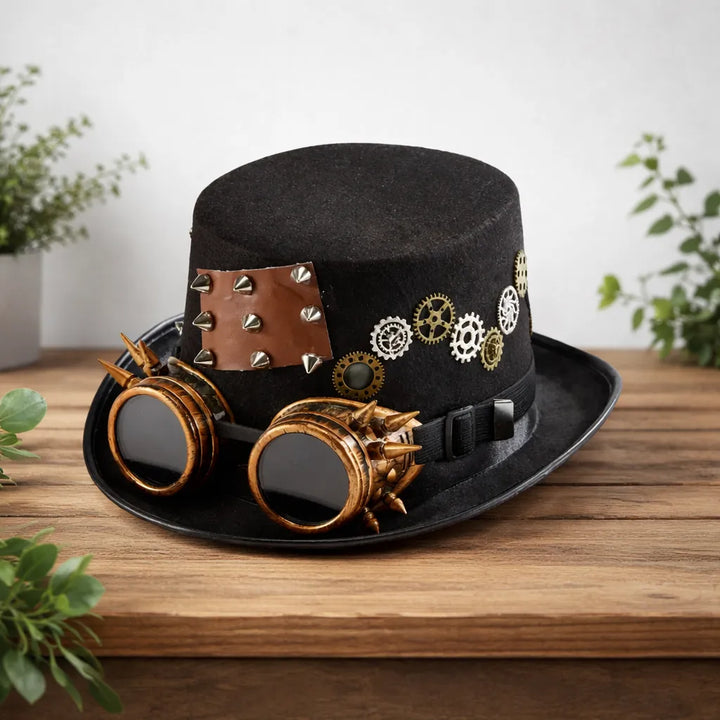 Black Steampunk Hat with Copper-colored Goggles Design