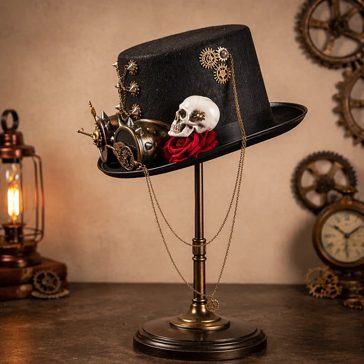 Black Steampunk Hat with a White Skull Design