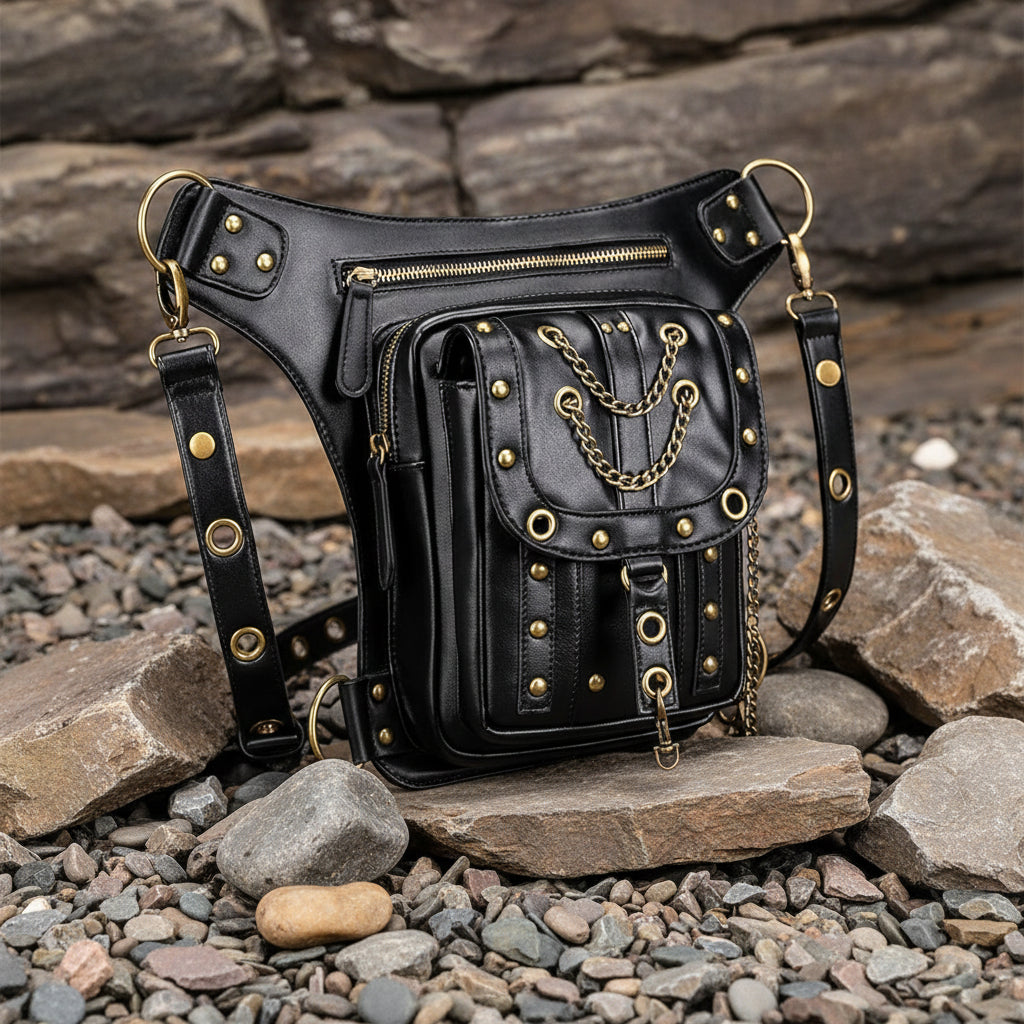Black Steampunk Leg Bag With Chains
