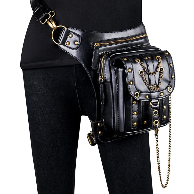 Black Steampunk Leg Bag With Chains chic
