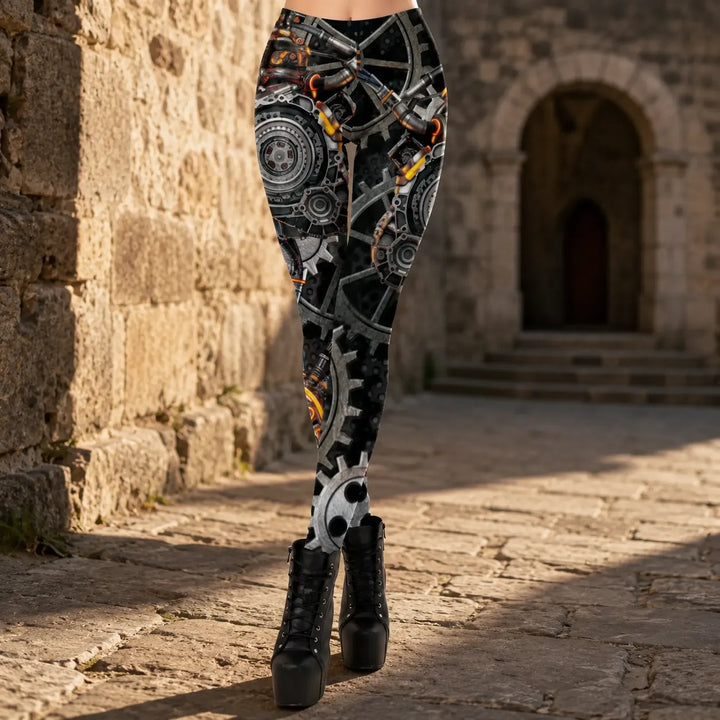 Black Steampunk Leggings Gear Design Pattern
