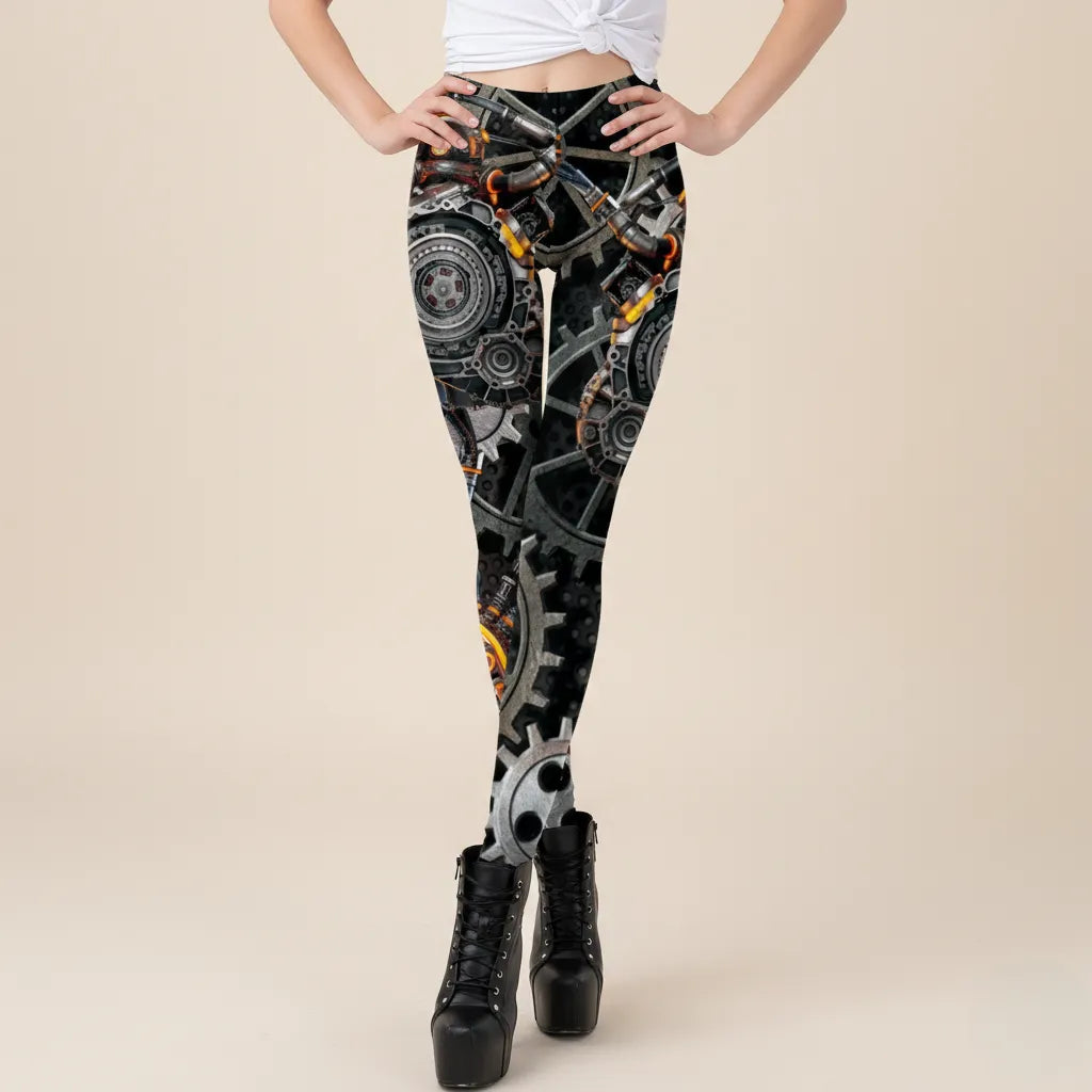 Black Steampunk Leggings Gear Design Pattern