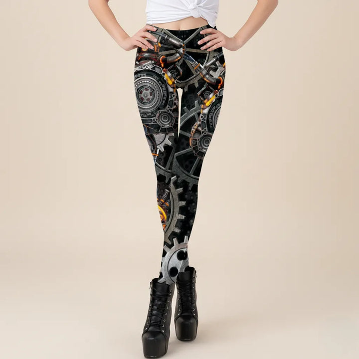 Black Steampunk Leggings Gear Design Pattern