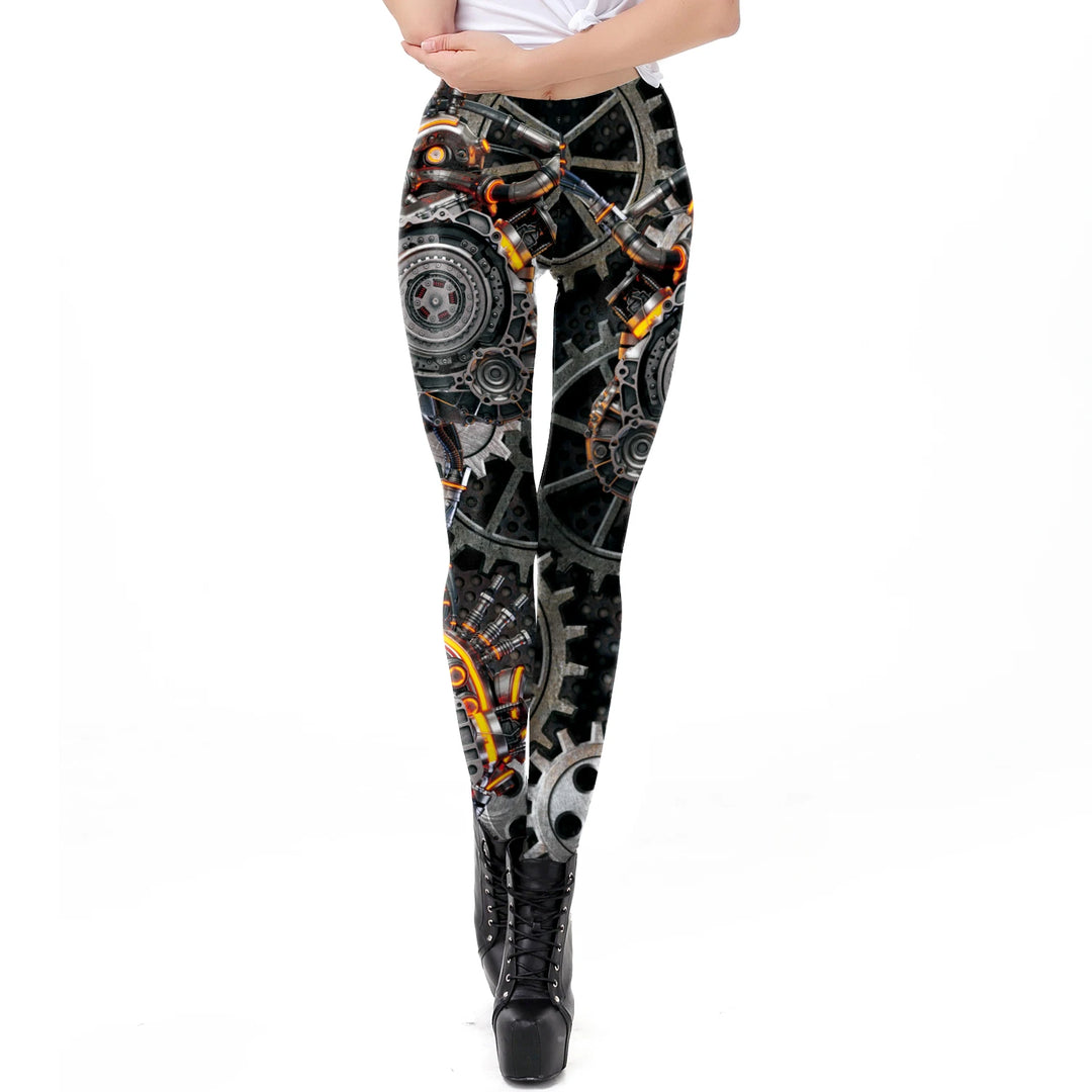 Black Steampunk Leggings Gear Design Pattern Fashion