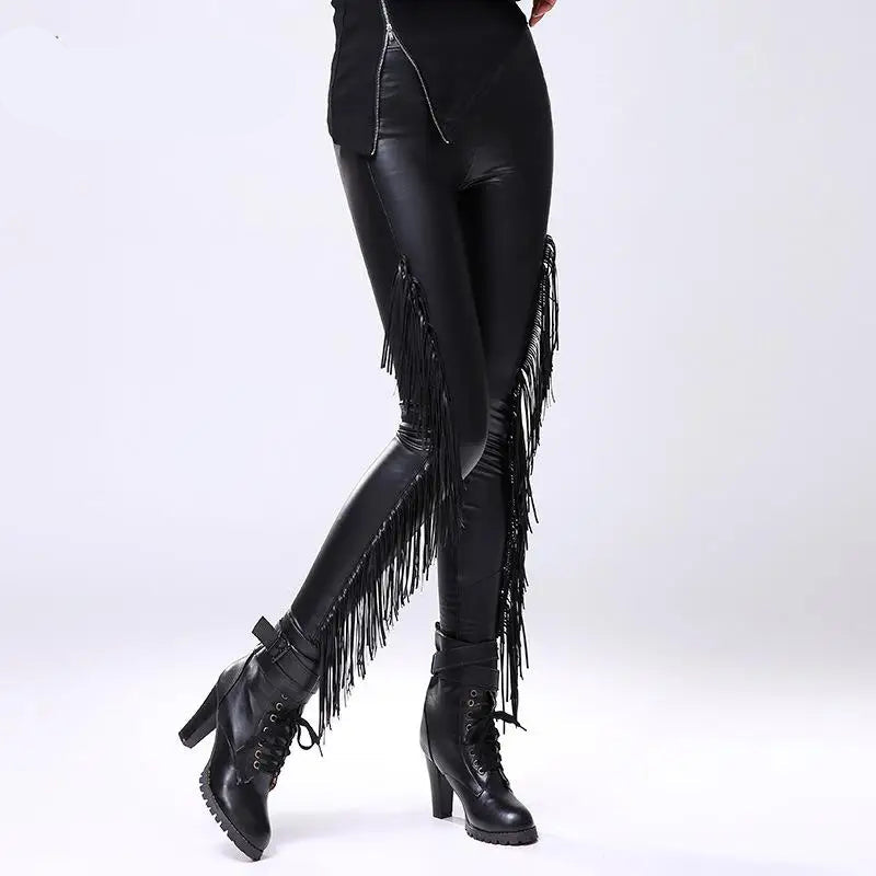 Black Steampunk Leggings With Fringe stylish