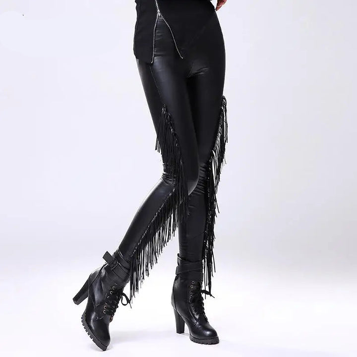 Black Steampunk Leggings With Fringe stylish