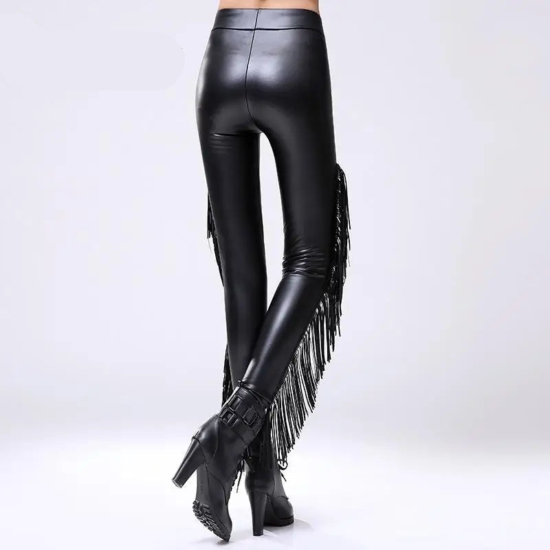 Black Steampunk Leggings With Fringe tendance