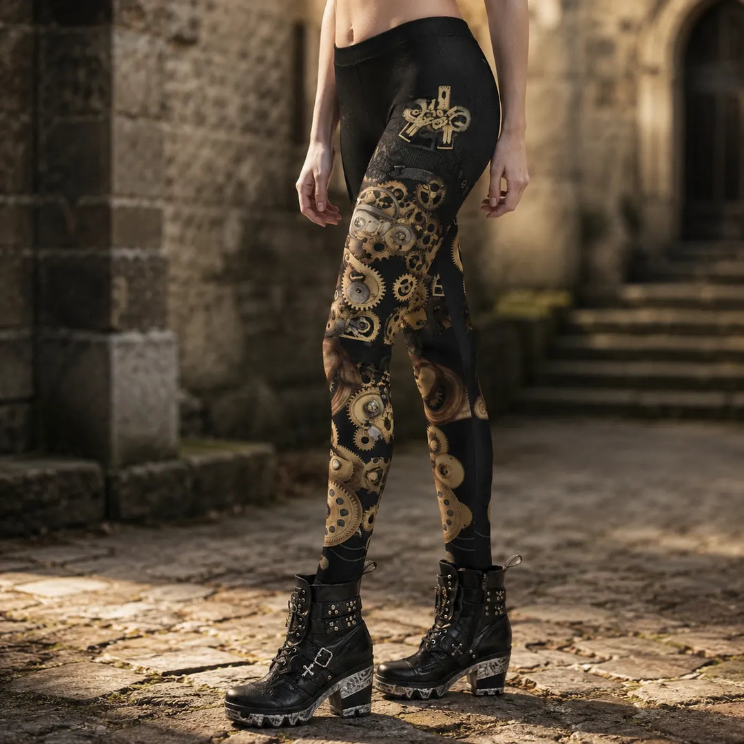 Black Steampunk Leggings With Gear Patterns
