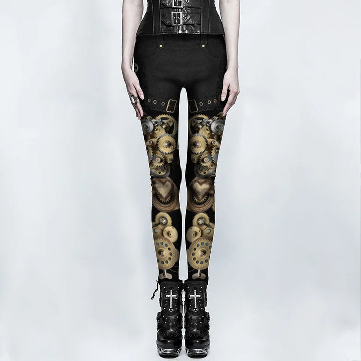 Black Steampunk Leggings With Gear Patterns Design