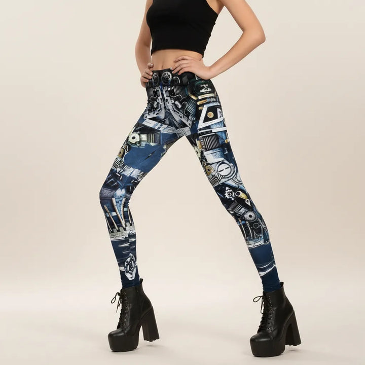 Black Steampunk Leggings with Blue Print