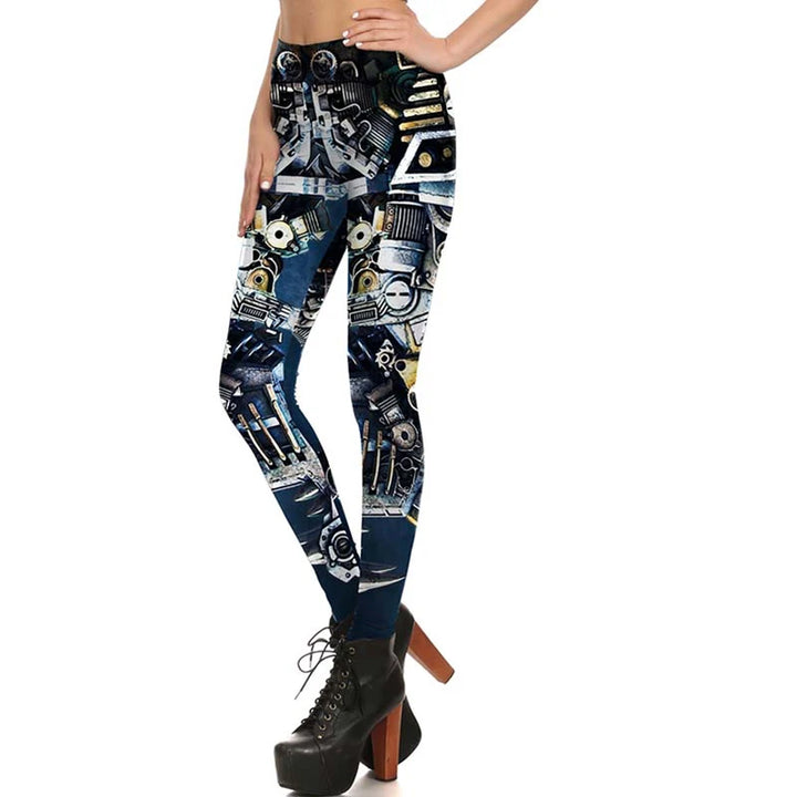 Black Steampunk Leggings with Blue Print Stylish